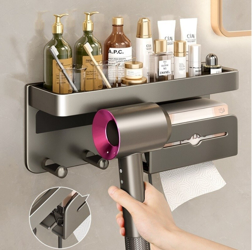 Support mural multifonction  pour organiser un sèche-cheveux  et divers accessoires de salle de bain